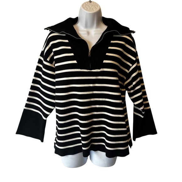 Elie Tahari Sweaters - Elie Tahari pullover sweater XL Black white striped Heavy knit 1/4 zip Womens